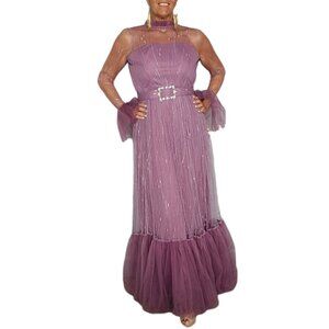 Women's Purple Tulle Evening Gown with Sheer Sleeves Rhinestone Belt Size S
